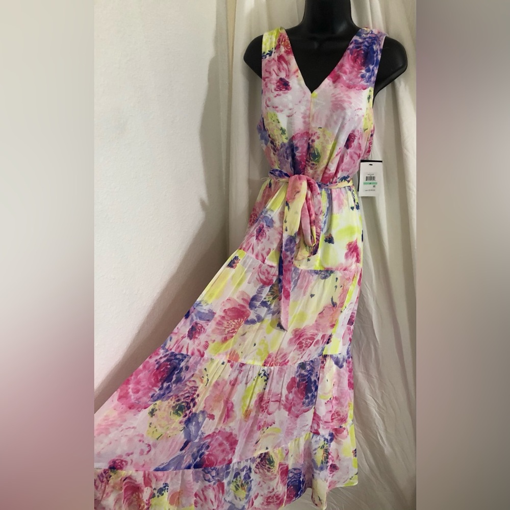 DKNY pink multi watercolor effect floral v-neck belted dress size 8 brand new